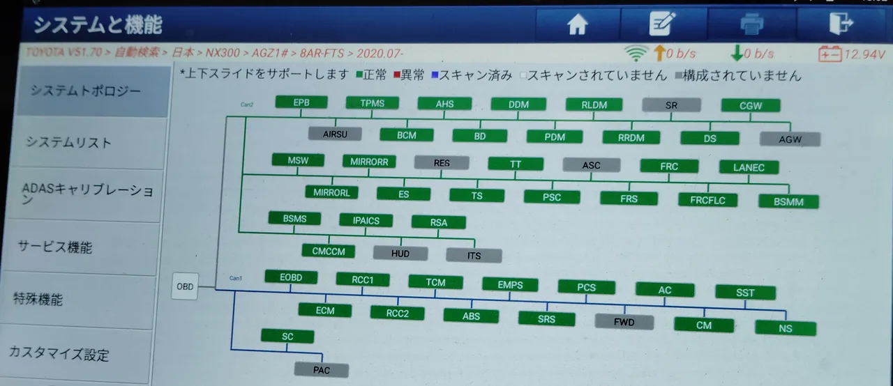 修理後のレクサスNX（NX300・AGZ1#）を診断機で読み取ったシステムトポロジー。箱は緑と灰色だけ