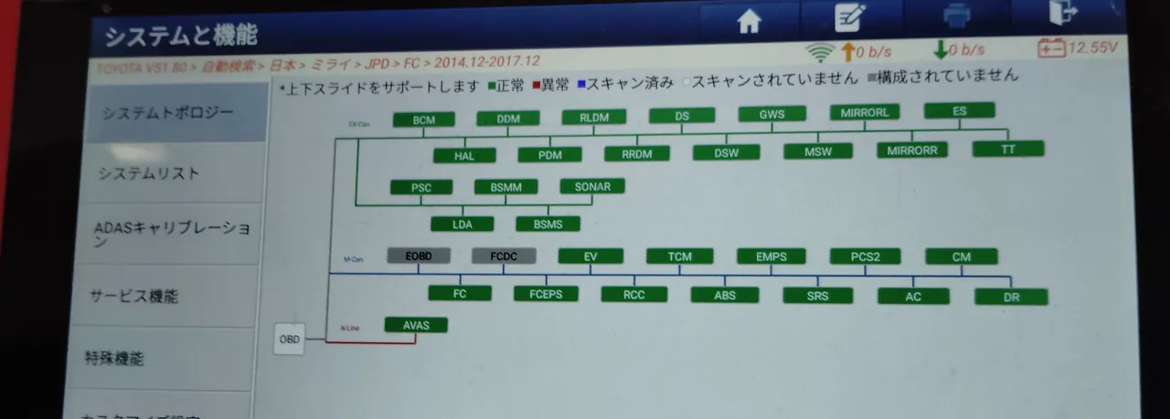 診断機に表示したMIRAIのシステムトポロジー(修理後)。箱は緑と灰色で、赤はない