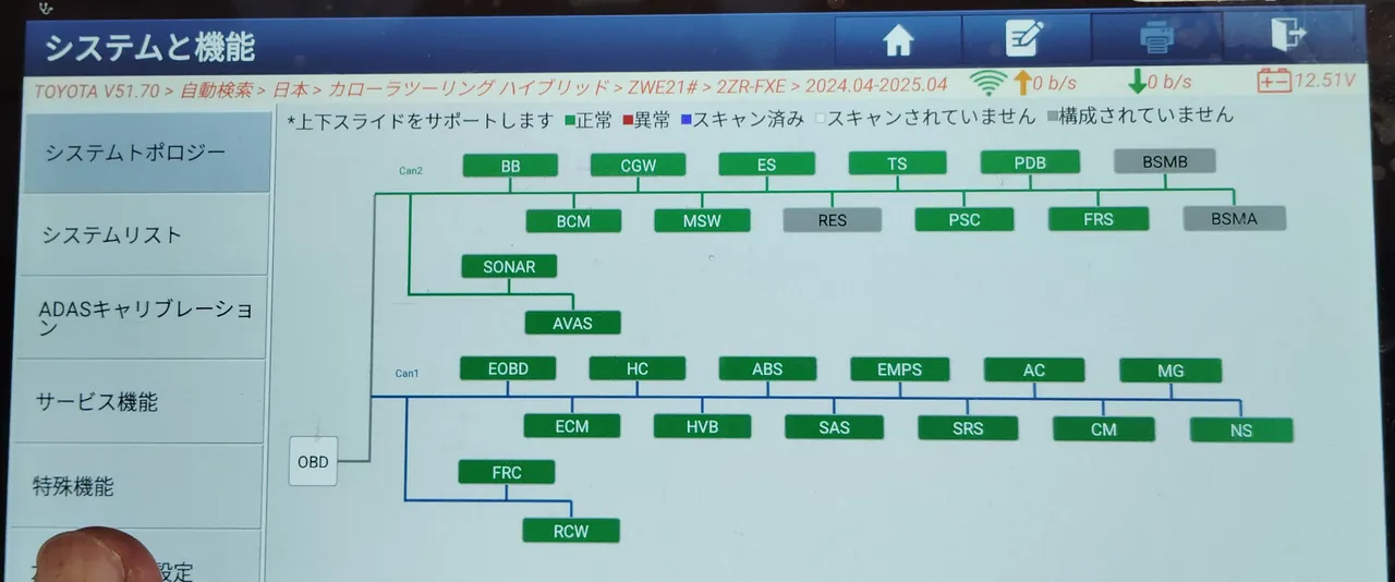 カローラツーリング ハイブリッドの修理後の診断機の画面（システムトポロジー）。緑と灰色の箱だけが並ぶ
