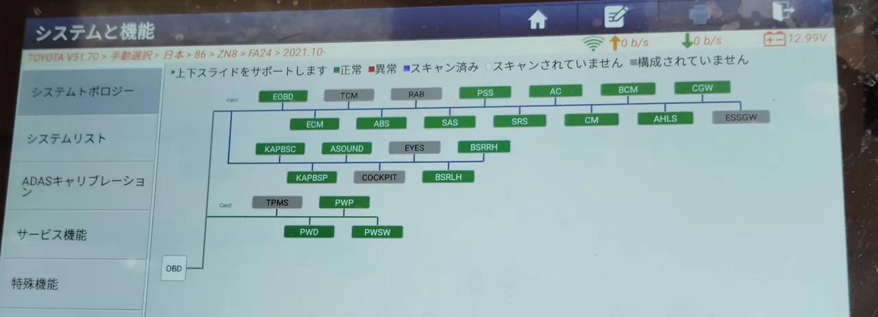 GR86の修理後に診断機で表示した「システムと機能」の画面。箱は緑と灰色で、赤の箱はない