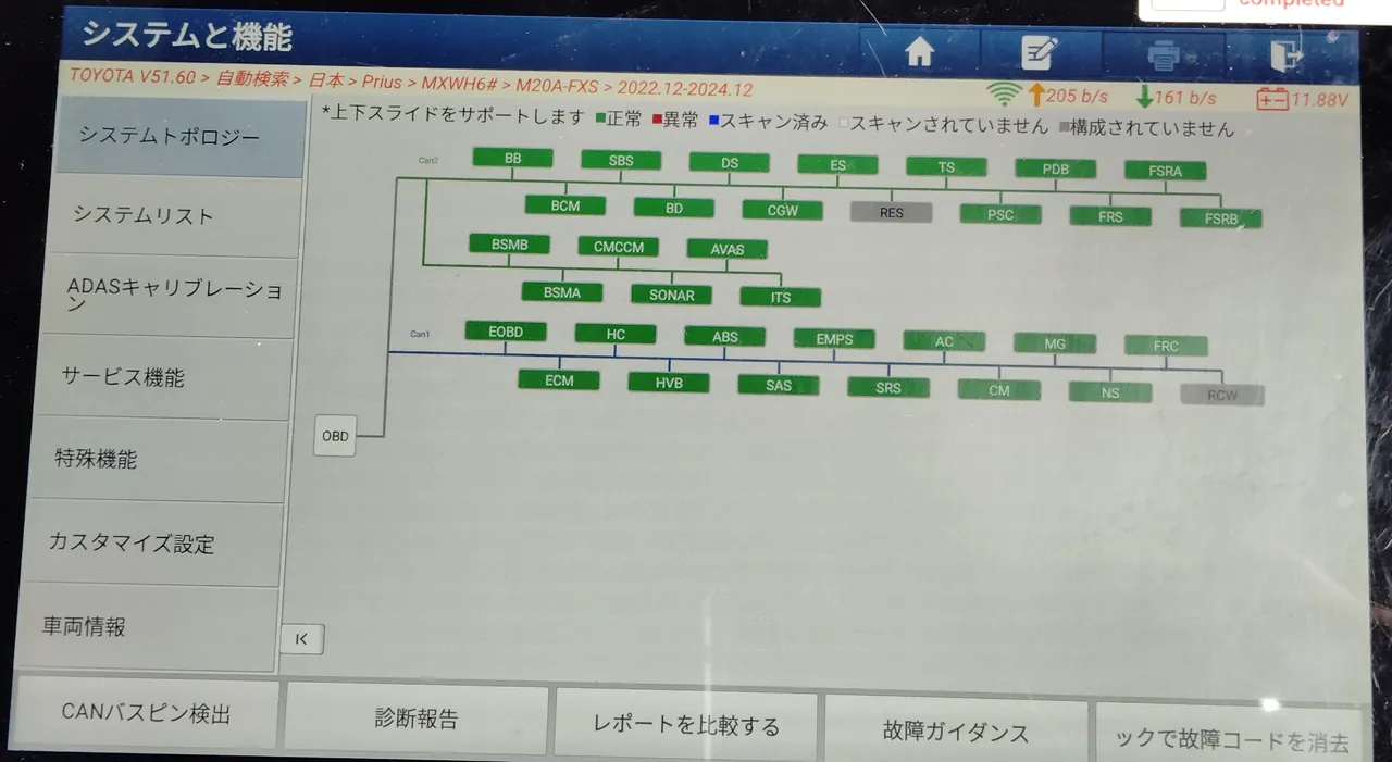 診断機のシステムトポロジーの画面。プリウス（MXWH6#）のシステムの箱は緑と灰色で、赤（異常）の箱はない