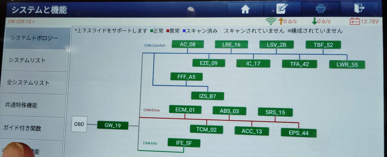 ゴルフ7の修理後の診断機のシステムトポロジーの画面。見えている範囲のユニットの箱はすべて緑