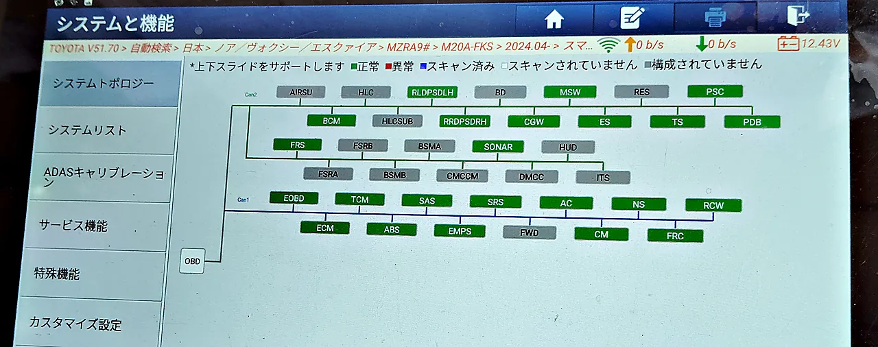 90系ヴォクシーの組み付けを終えてからの、診断機の全体スキャン。緑（正常）と灰色の箱だけで、赤（異常）の箱は見当たらない