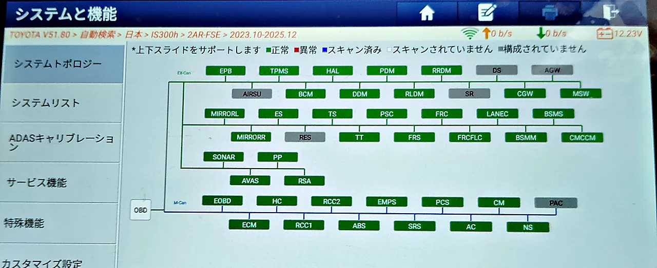 組み付けのあとにレクサスIS 300hへつないだ診断機の、全システムの一覧。緑と灰色の箱が並び、赤（異常）の箱はない。左下の白い箱は「OBD」