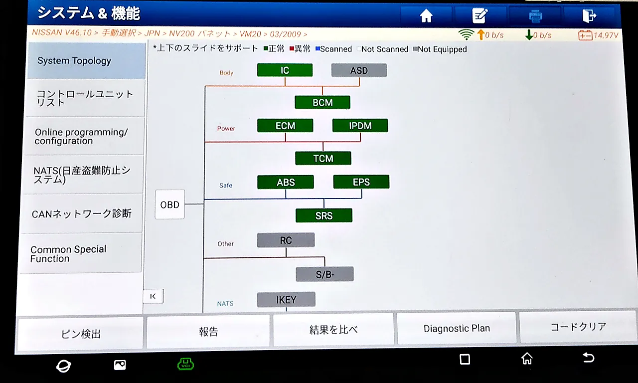 組み付けのあとにNV200バネット バンにつないだ診断機の画面。緑（正常）と灰色の箱が並び、赤（異常）の箱はない
