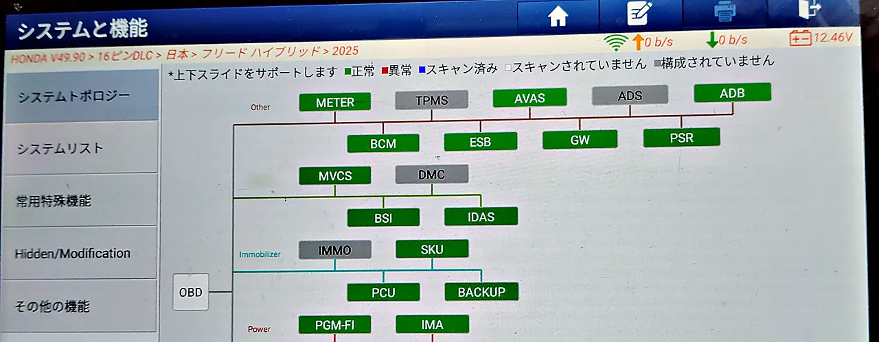 修理後のフリード e:HEVにつないだ診断機の画面。システムの一覧に緑と灰色の箱が並び、赤なし