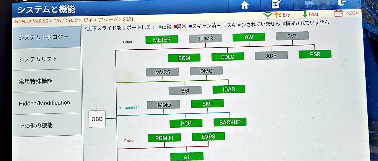 修理後のフリード(2代目)の診断機の画面。緑と灰色の箱が並ぶシステムの一覧で、赤(異常)の箱はなし