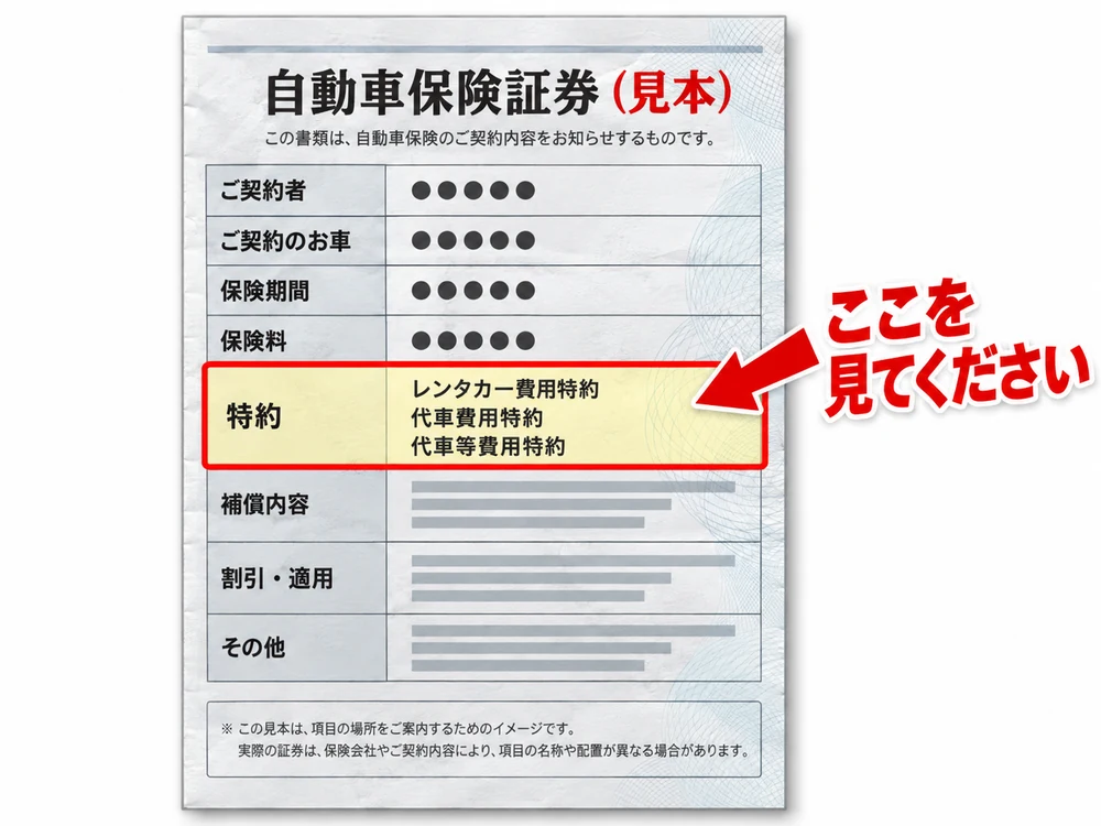 自動車保険証券の見本。特約の欄に、レンタカー費用特約・代車費用特約・代車等費用特約と書かれている