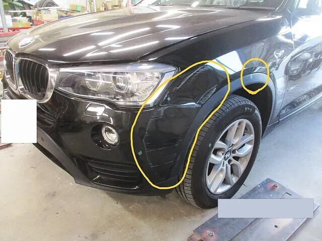 BMW X3 左フロントフェンダー・バンパーの板金塗装修理事例