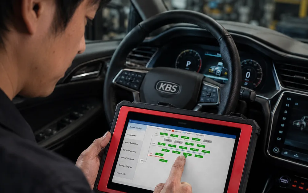専用テスターで先進安全装備（ADAS）のエーミング作業を行う整備士
