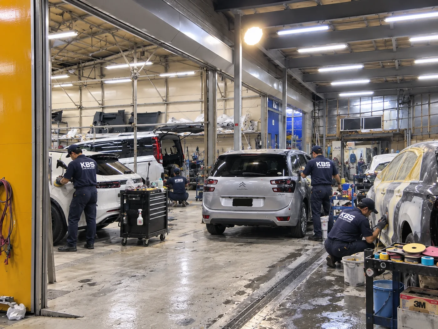 横浜市都筑区のケービーエスの工場内。複数のスタッフが同時に別々の車を作業している様子